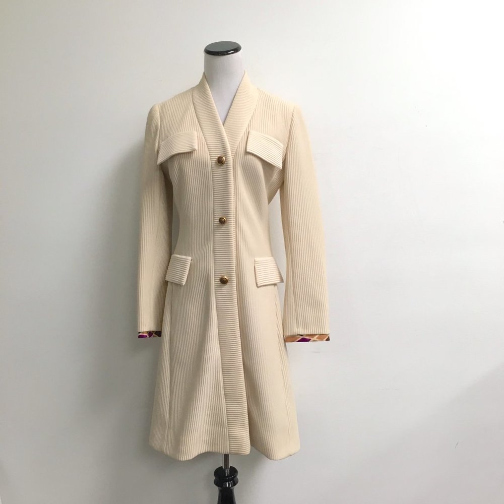 Lilli Ann cream long Coat geometric cuff trim metal buttons 6 vintage